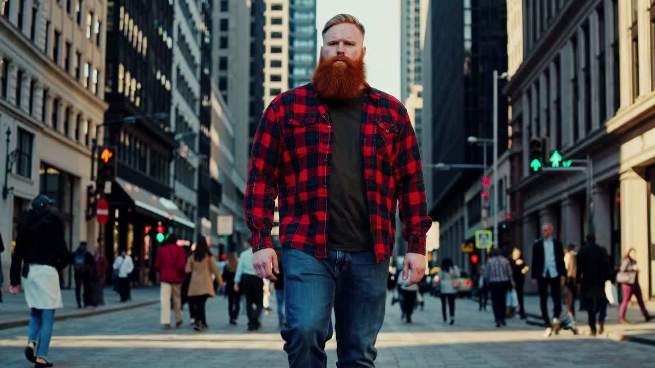 Confident man with a red beard and plaid shirt walks purposefully through a bustling city street, showcasing urban life and movement in a vibrant environment