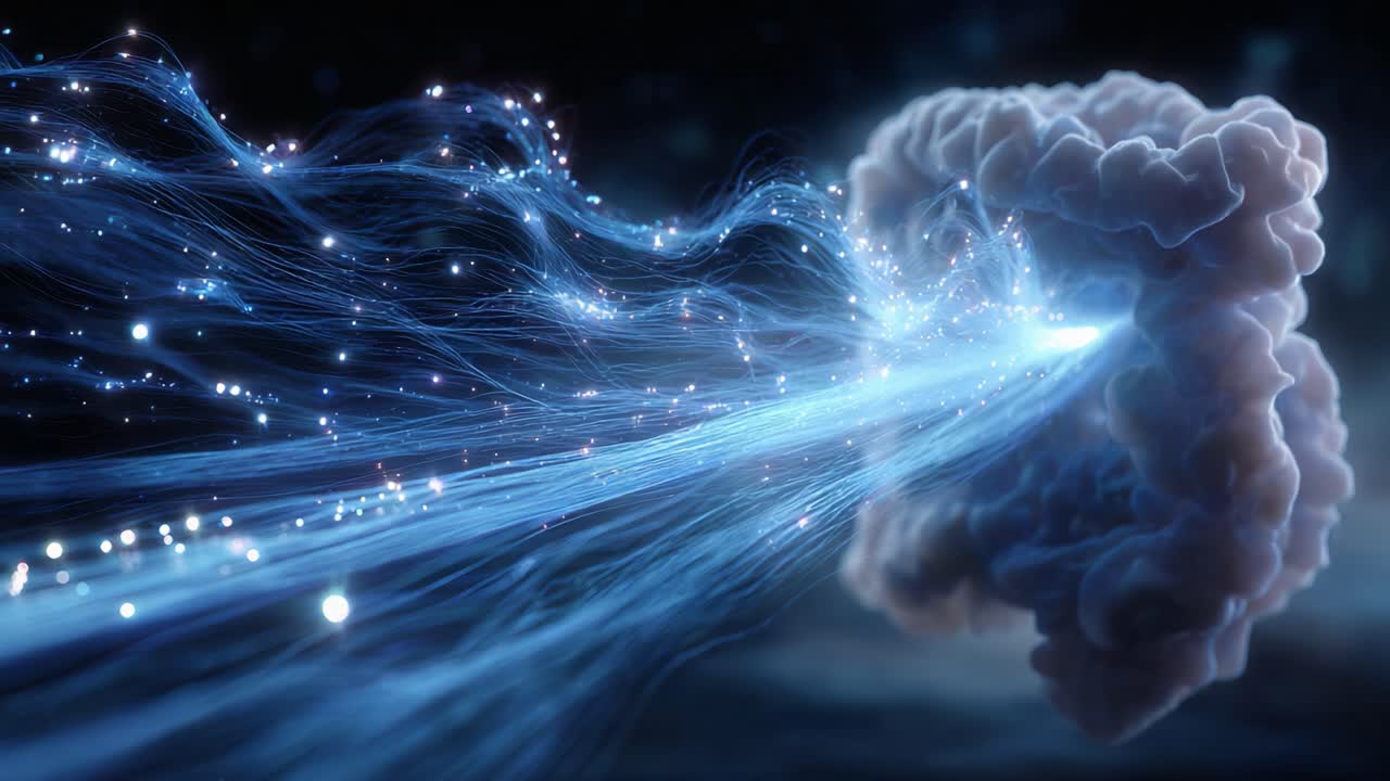 An Ethereal Stream of Light and Energy Emanates from a Cloud, Creating a Breathtaking Visual Display of Colorful Particles and Dynamic Movement in a Dark Background