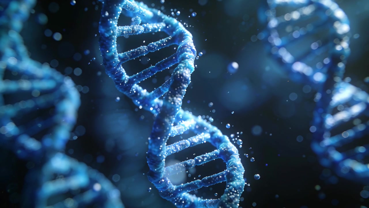 Hélice de DNA azul central girando e torcendo-se em um campo azul escuro enquanto a câmera se desloca, revelando textura.
