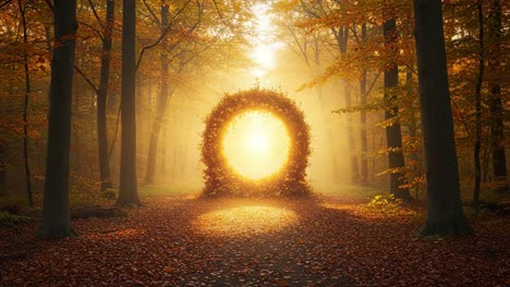 A Surreal Autumn Portal: Glowing Sunlight Through a Leafy Arch in a Tranquil Forest Landscape Surrounded by Vibrant Fall Foliage