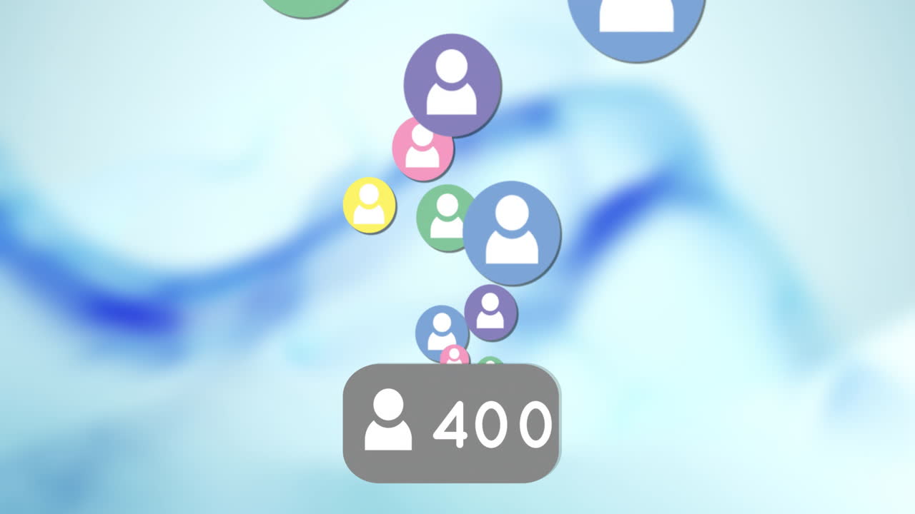 Animation of people icons and numbers flying over blue background