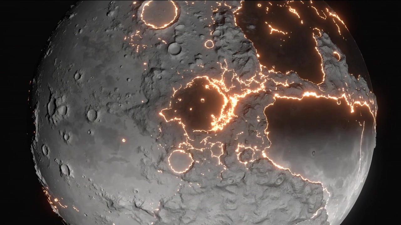 Mostra una luna craterizzata che diffonde fessure luminose nello spazio con punti che si accendono, segnalando un'eruzione.