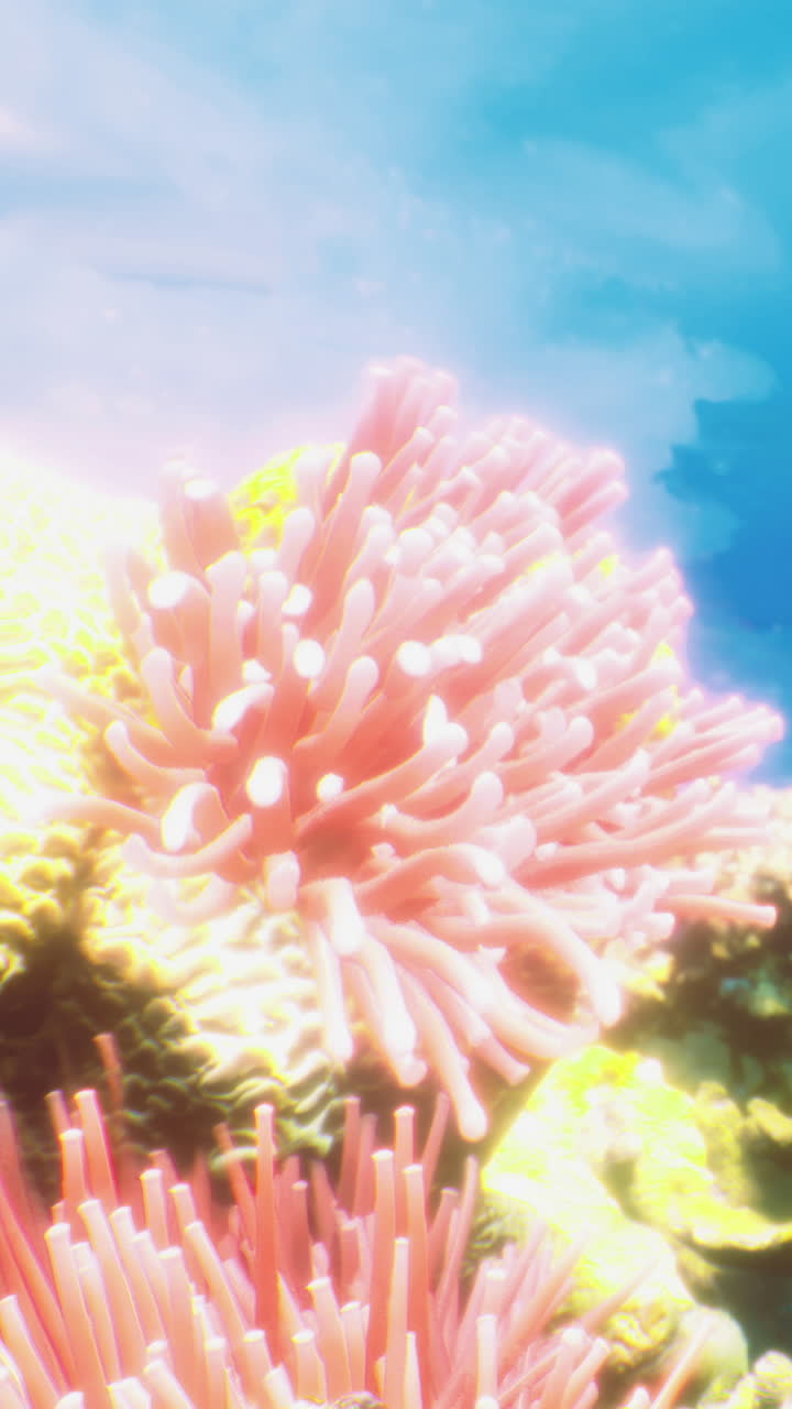 明るい海水の下、ピンクのサンゴの群生が見られるサンゴ礁。