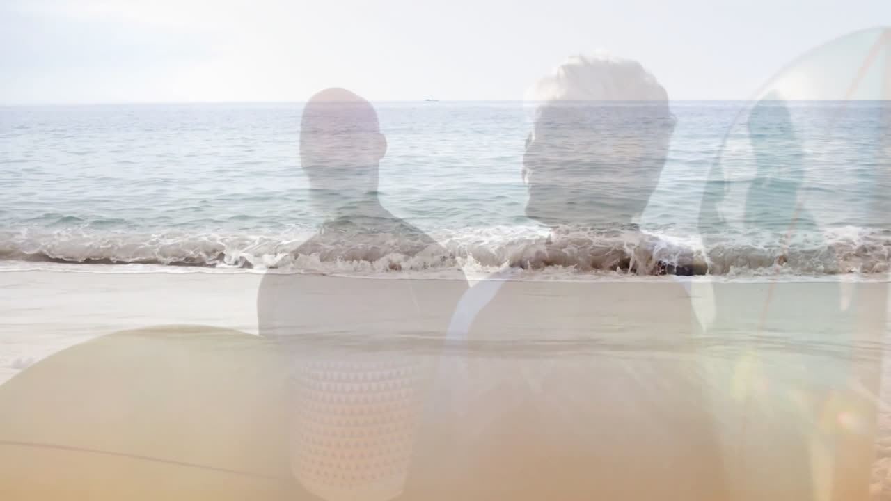 mother and adult son gazing at ocean view, blending health wellness with animated surfboard graphic