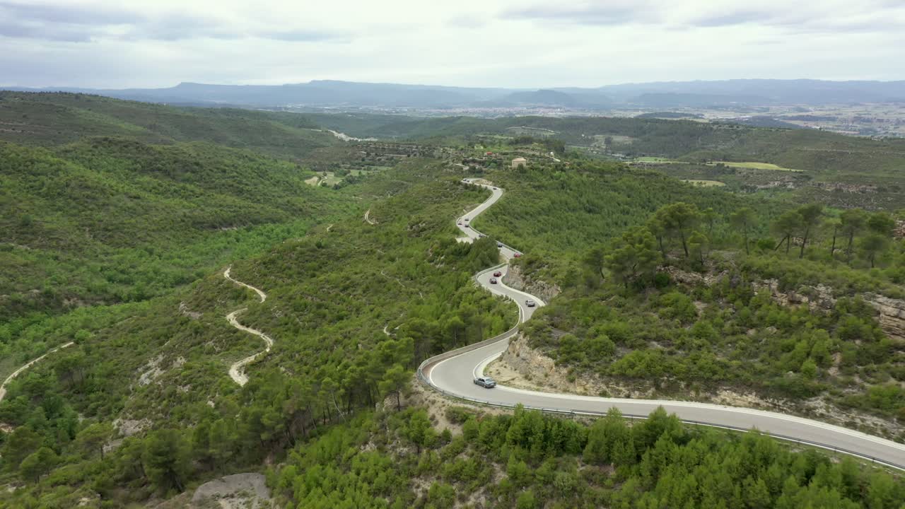 vista aérea siguiendo el convoy de autos clásicos acelerando por un largo y curvo recorrido por la carretera forestal