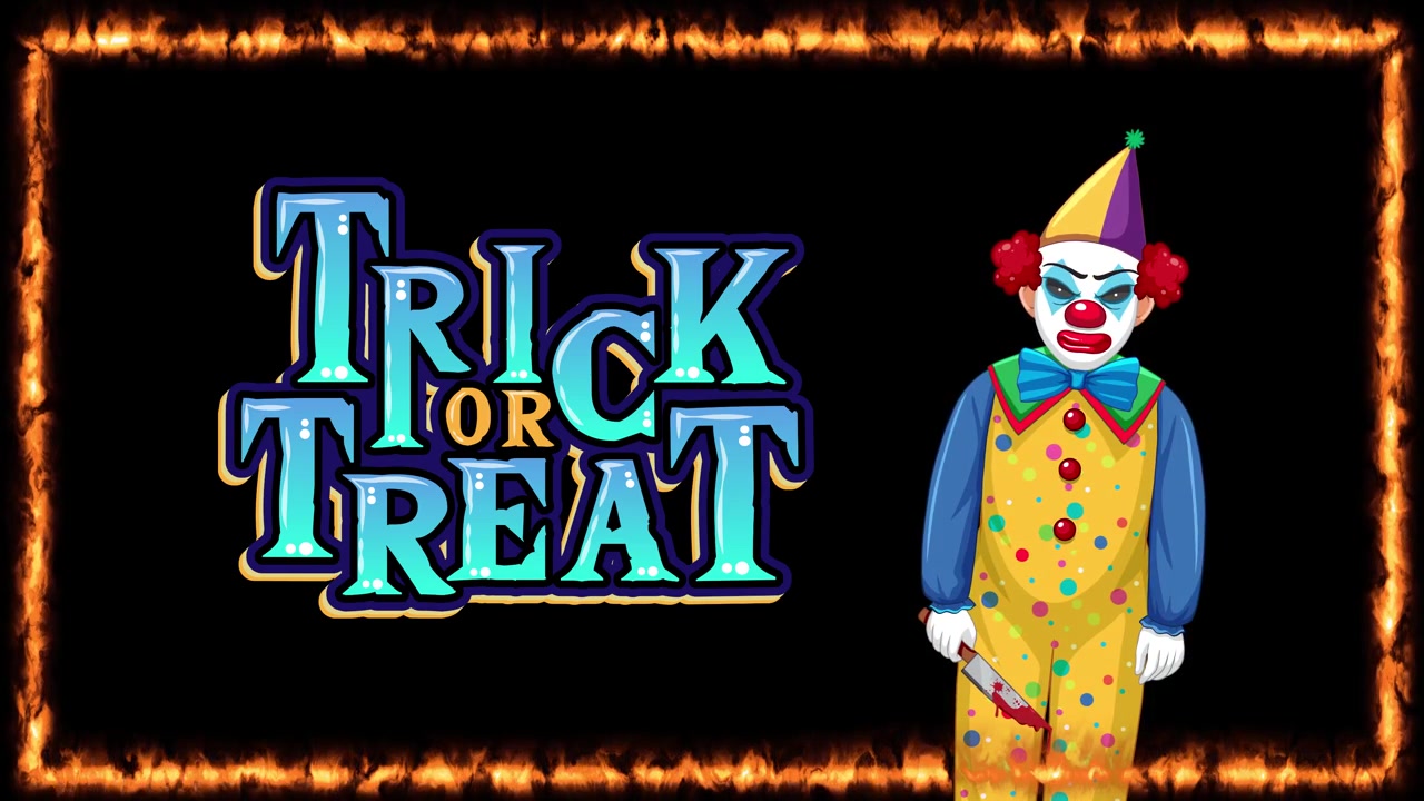 Creepy clown holding knife stands beside glowing text within a burning orange fire border.