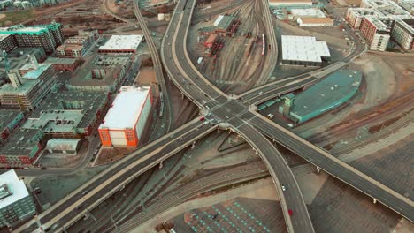 Aerial-drone-view-of-traffic-intersection-in-Denver,-Colorado