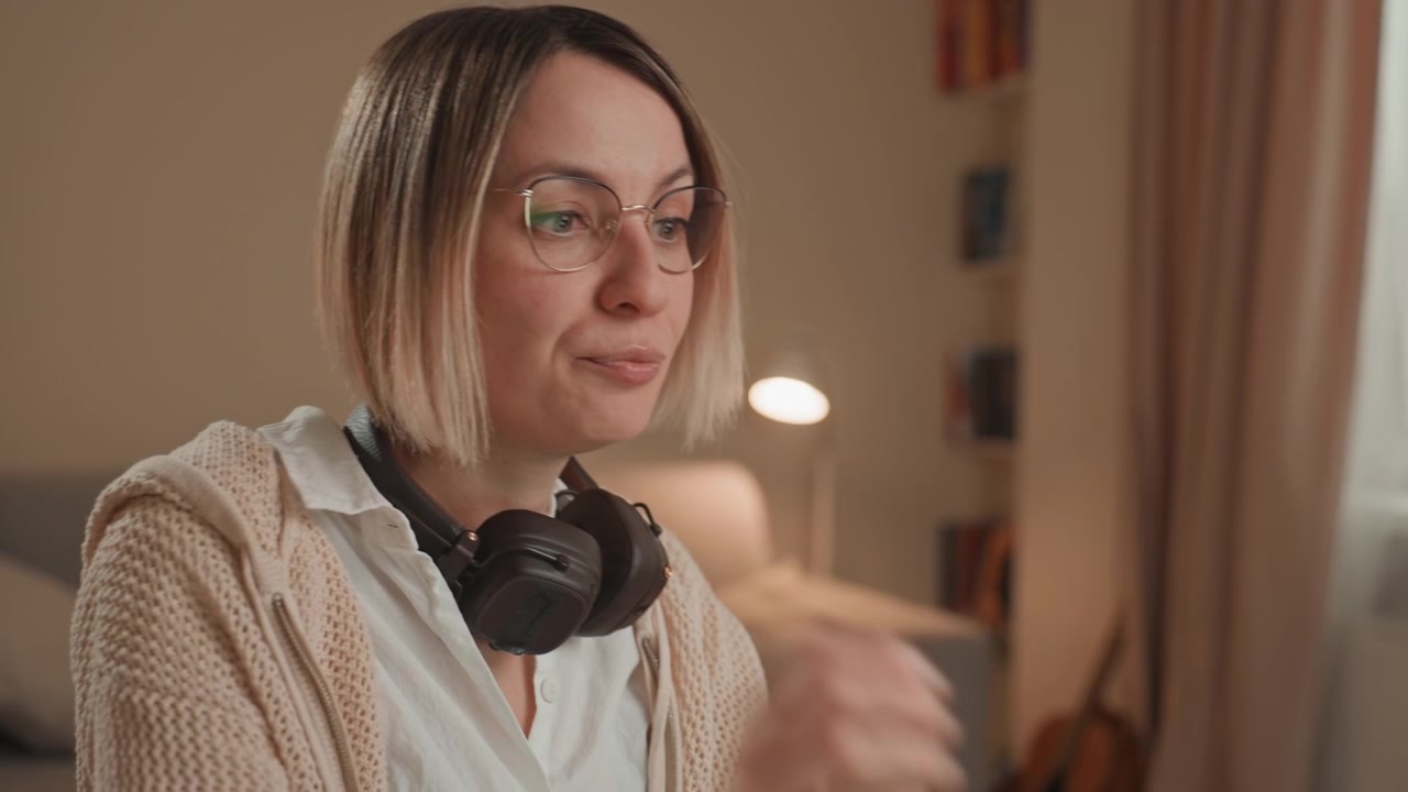 Cozy living room white woman listening to music with headphones around neck, adjusting glasses, soft lamp glow, thoughtful expression, intimate sofa scene, music lover and songwriter mood, warm