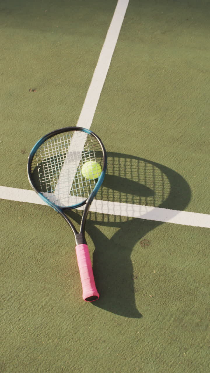 Vertical video of yellow tennis ball and racket on tennis court