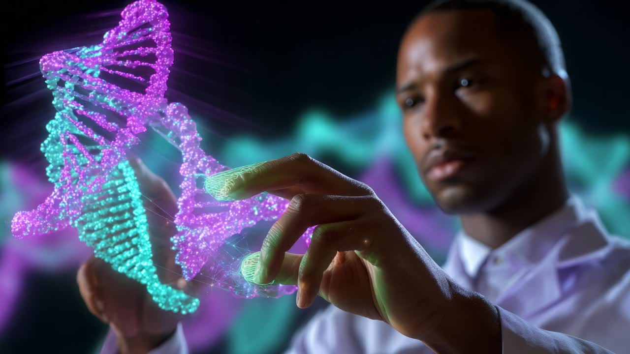 En fokuseret person udforsker omhyggeligt en levende DNA-model, der viser den indviklede dobbelthelixstruktur. De livlige farver repræsenterer kompleksiteten af genetisk information og fremhæver videnskabelig opdagelse og innovation.