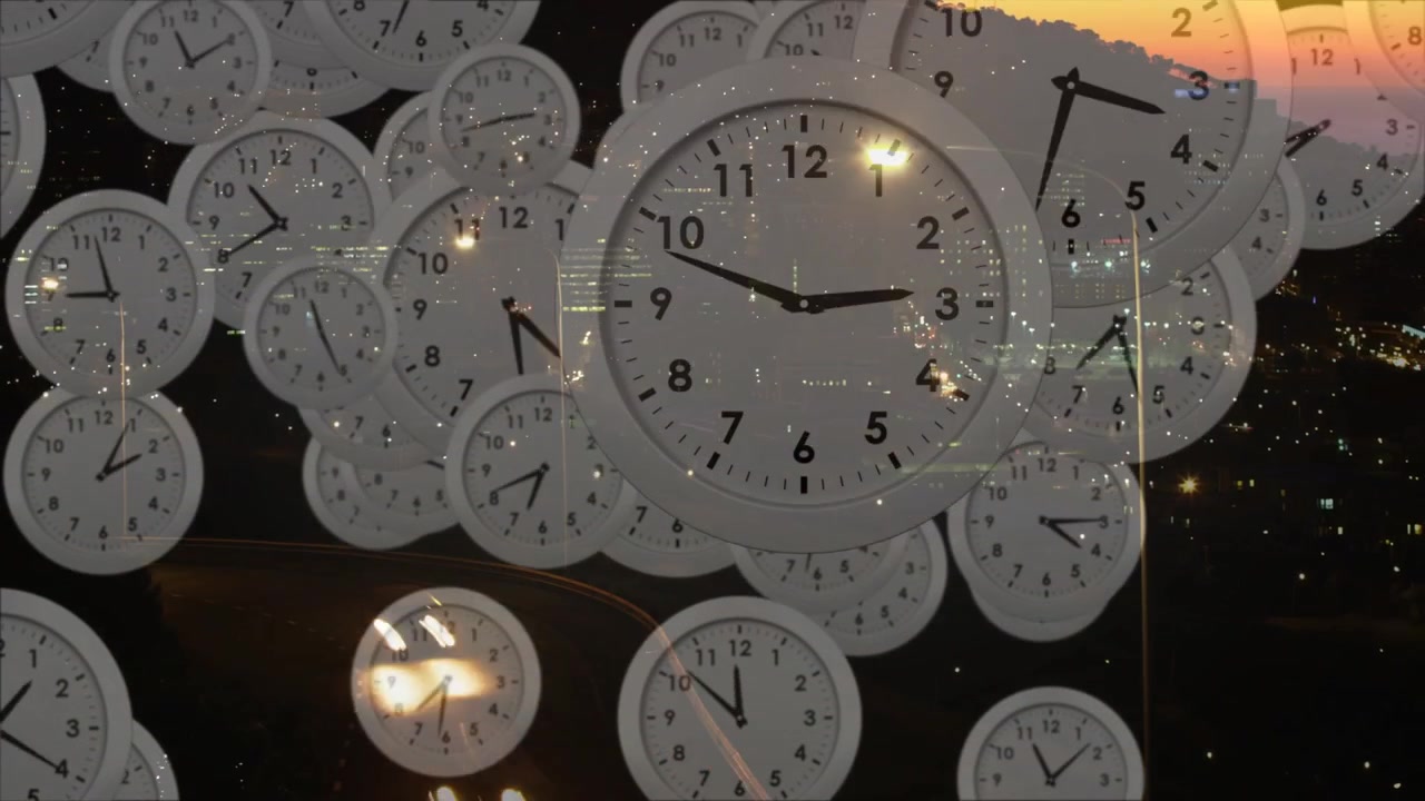 Overlay appearing, clocks floating, clustering and growing over night skyline, showing time passing