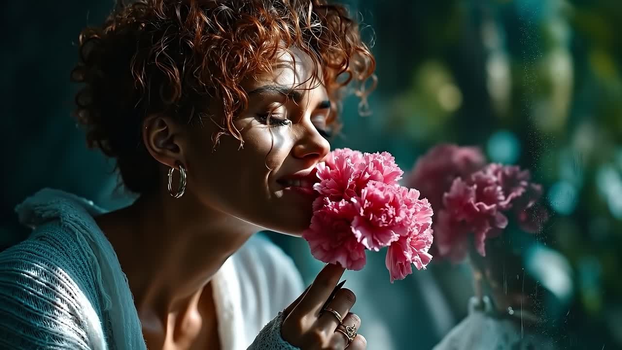 A woman smelling a pink flower in front of a window