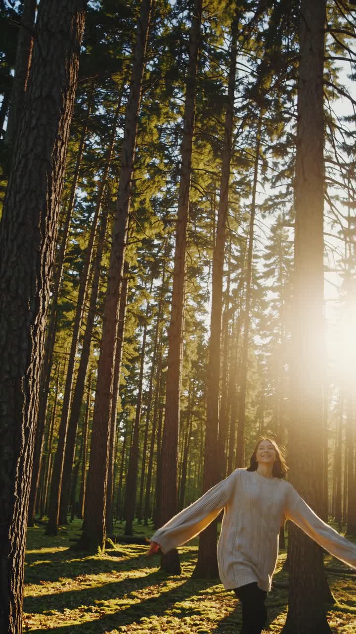 A serene video still of a woman in a forest, captured in profile with a low-angle shot