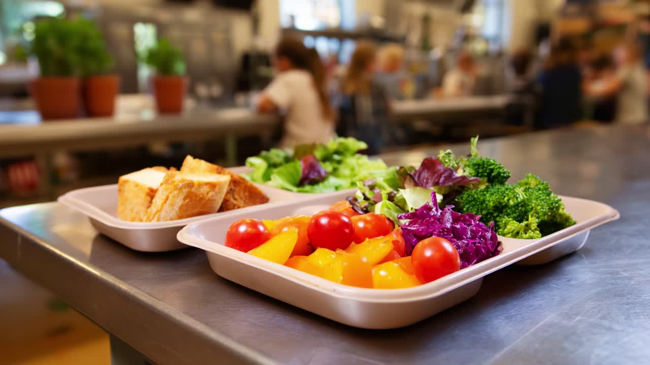 Una vivace gamma di frutta e verdura fresca servita su vassoi in un ambiente ristorativo dinamico, che mostra opzioni di pasti salutari per tutti