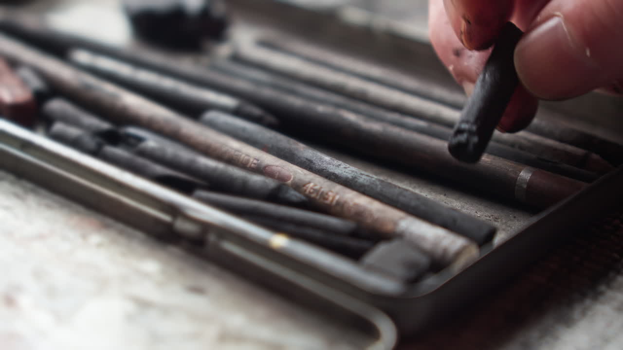 Close-up macro shot of an artist removing a charcoal stick, signaling the start of a focused drawing session. Emphasizes intention, preparation, and creative workflow