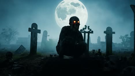 zombie with glowing eyes rises from a grave in a misty graveyard at night. a full moon illuminates the eerie scene, creating a chilling atmosphere filled with suspense