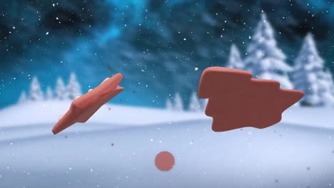 animation of christmas gingerbread cookies over snow falling in winter scenery