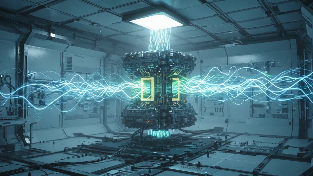 A Cutting-Edge Quantum Processor Within a High-Tech Laboratory Environment, Capturing the Essence of Advanced Technological Innovation and Energy Flow