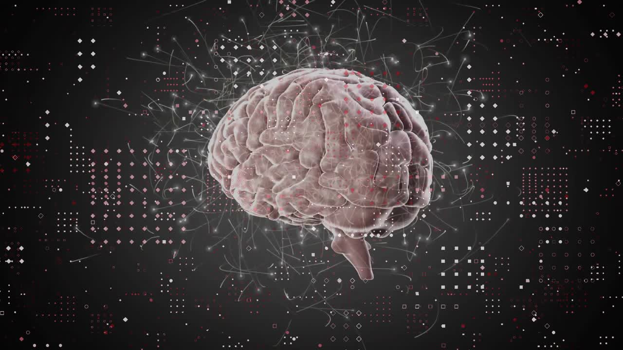 3D brain being visualized in dark digital space, surrounded by glowing red and white data particles