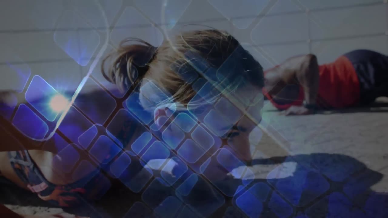 디지털 인터페이스의 애니메이션 커플이 야외에서 푸시업을 하고 있습니다.