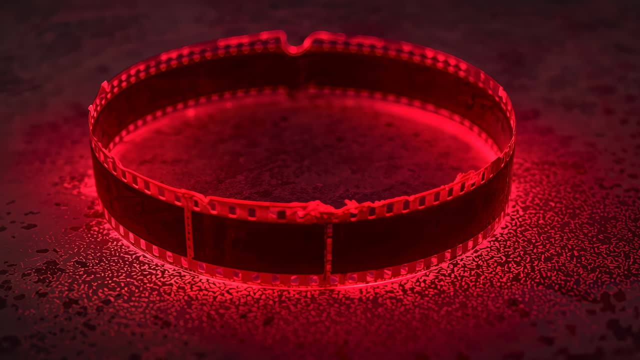 Starting sequence film strip loop resting on dark textured tabletop, pulsing red neon glow beneath