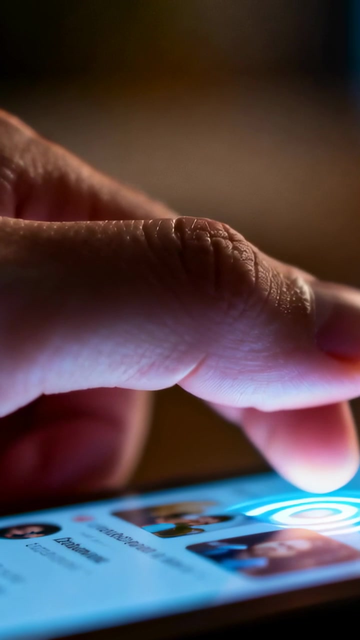 Video verticale: Avvicinamento a un telefono illuminato in una stanza buia, polpastrello che tocca le icone creando increspature e scegliendo