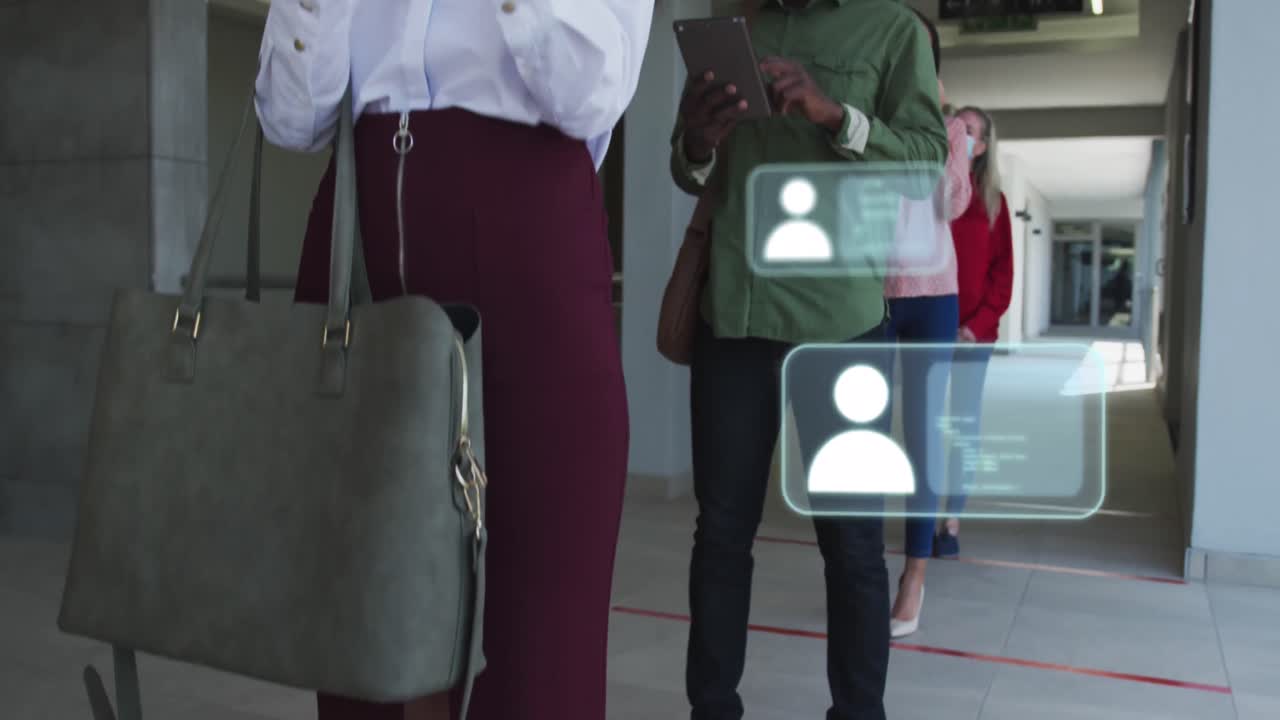 Animation of icons and data processing over diverse business people standing in line in face masks
