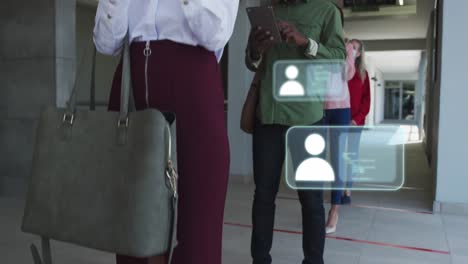 animation of icons and data processing over diverse business people standing in line in face masks