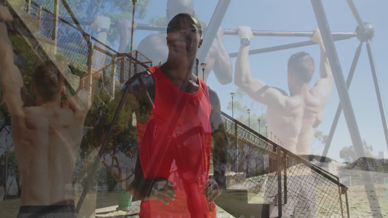 Standing confidently, man in red tank top during outdoor workout animation