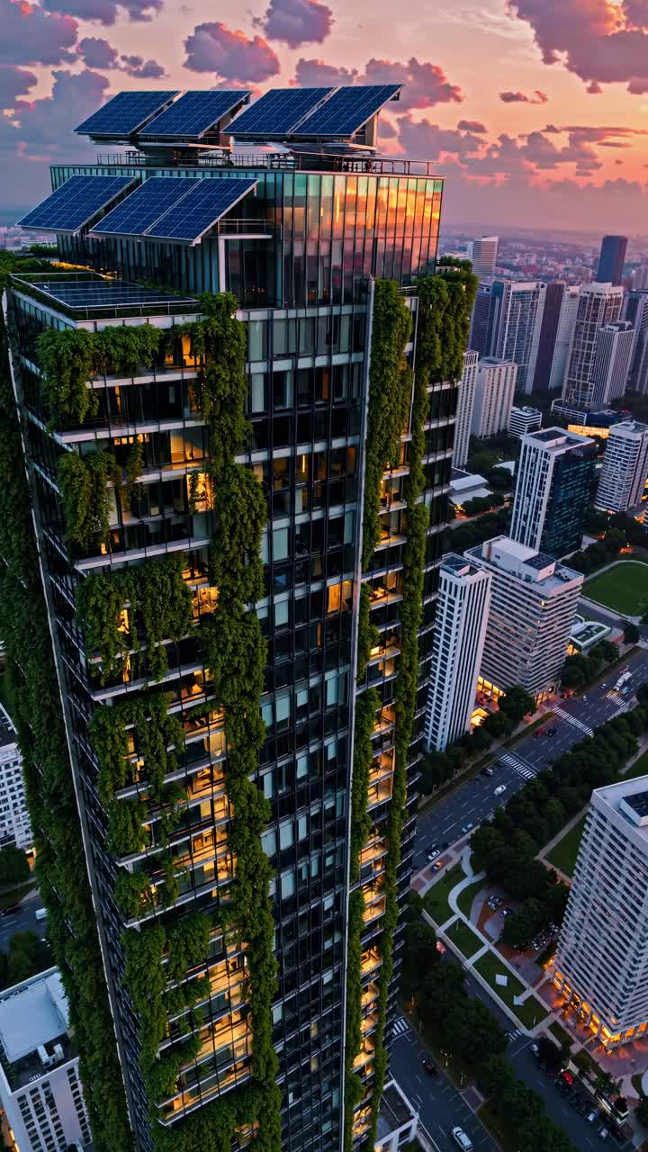 Vista aérea de um arranha-céu moderno com jardins verticais e painéis solares ao pôr do sol.