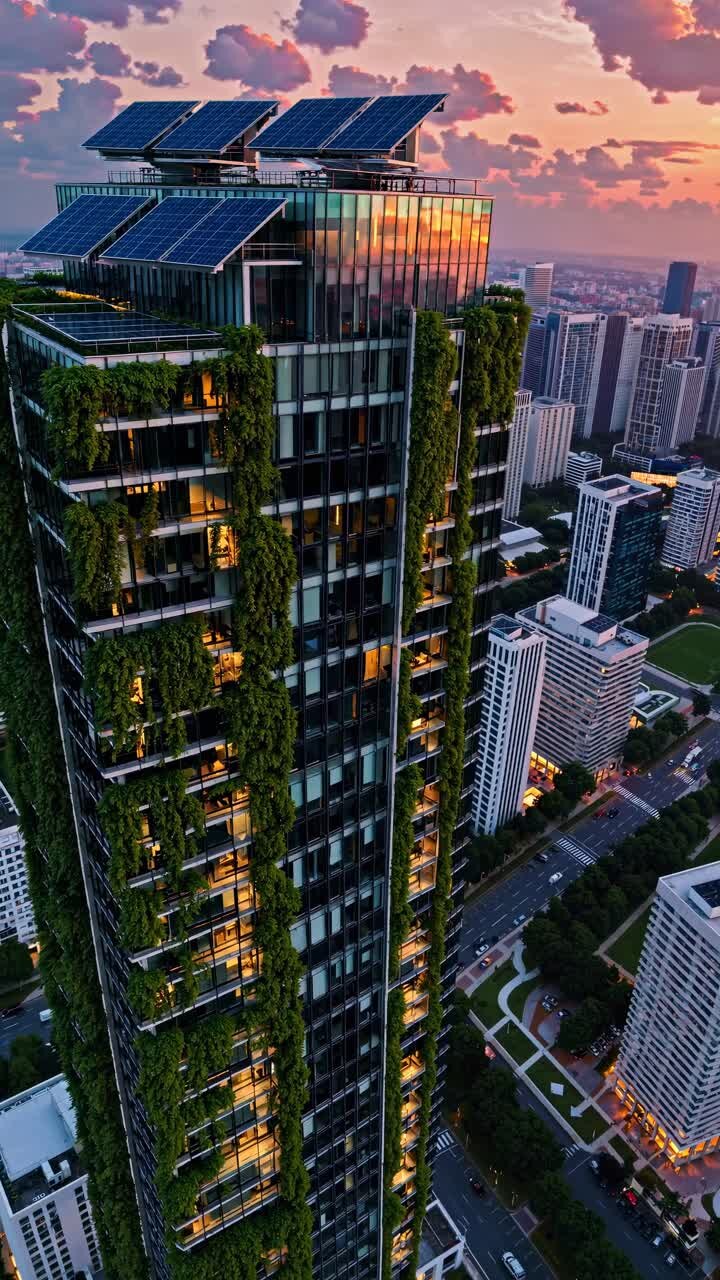 Vista aérea de un rascacielos moderno con jardines verticales y paneles solares al atardecer.