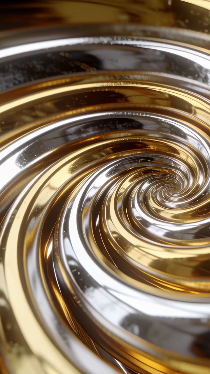 Vertical video: Pulling camera inward to gold silver ridged spiral on table, revealing mirrored rim