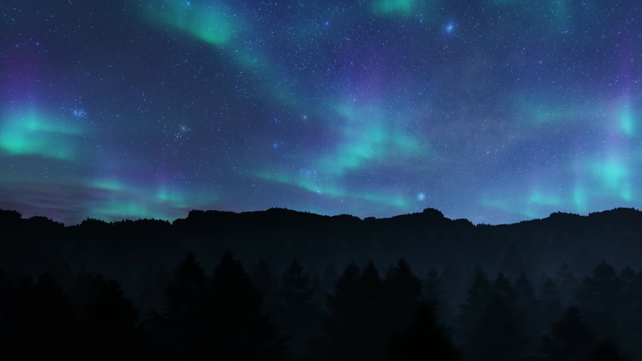 북쪽 조명에 대항하여 숲 산맥 위를 날아가는 비행 아로라 보레알리스 (aurora borealis)