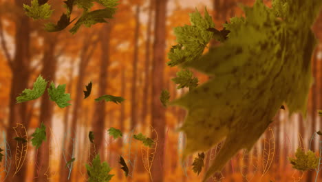 animación de hojas soplando sobre árboles de otoño en el bosque