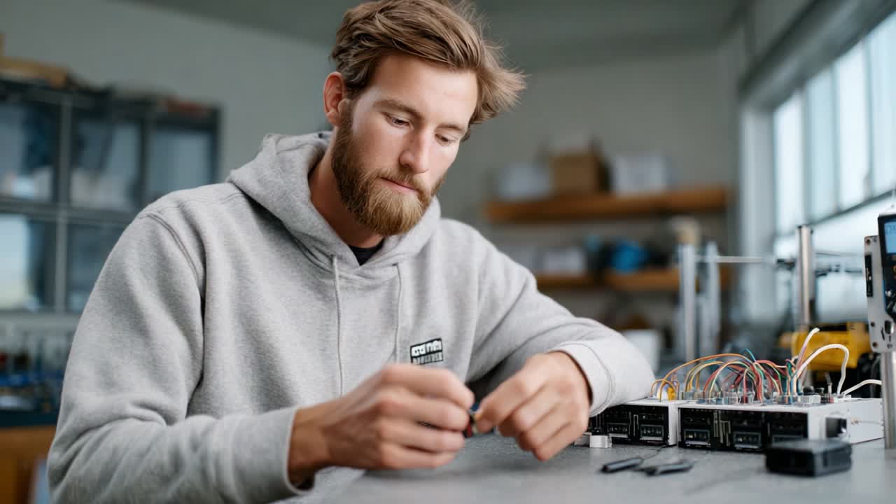A focused individual meticulously working on electronics, showcasing expertise and attention to detail while assembling components on a workbench, surrounded by tools and equipment related to technology