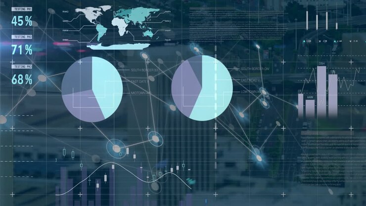 Animation of data processing and diagrams over cityscape
