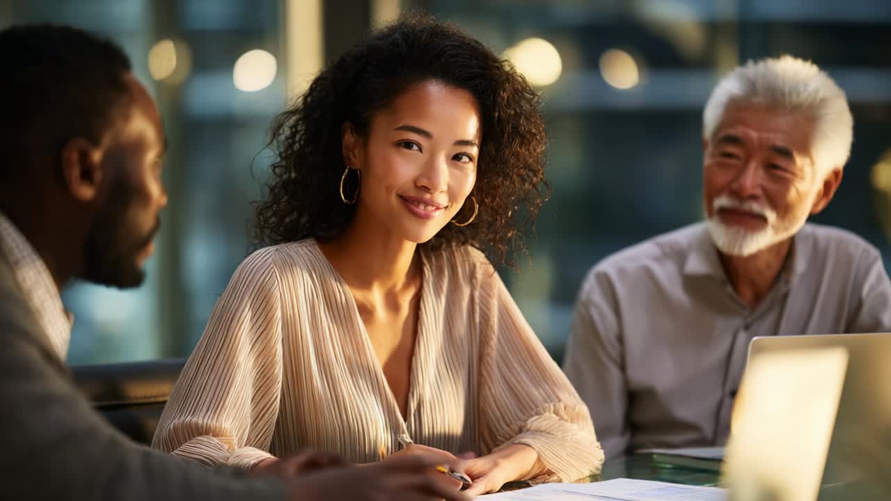 Engaged Discussion: A Young Woman and Two Collaborators Share Insights During a Thoughtful Meeting in a Bright, Modern Workspace, Highlighting Innovation and Teamwork in a Professional Environment