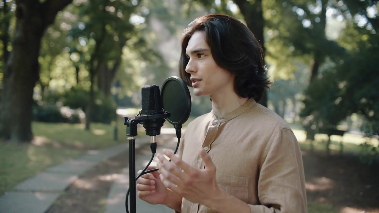 Cantante che canta e risponde a un segnale del microfono, registrando su un sentiero del parco, indossando una camicia color kaki e usando un microfono.