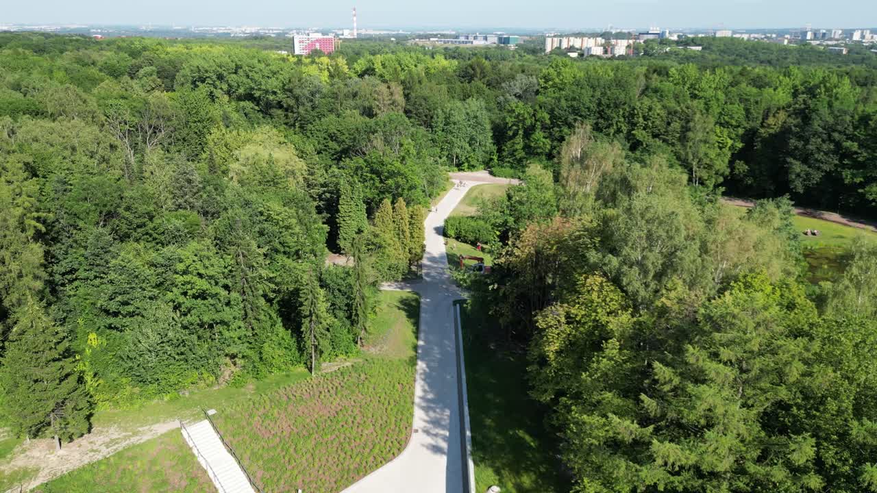 vista aérea del parque durante un día de verano rodeado de exuberante vegetación, hierba y árboles bajo un cielo azul