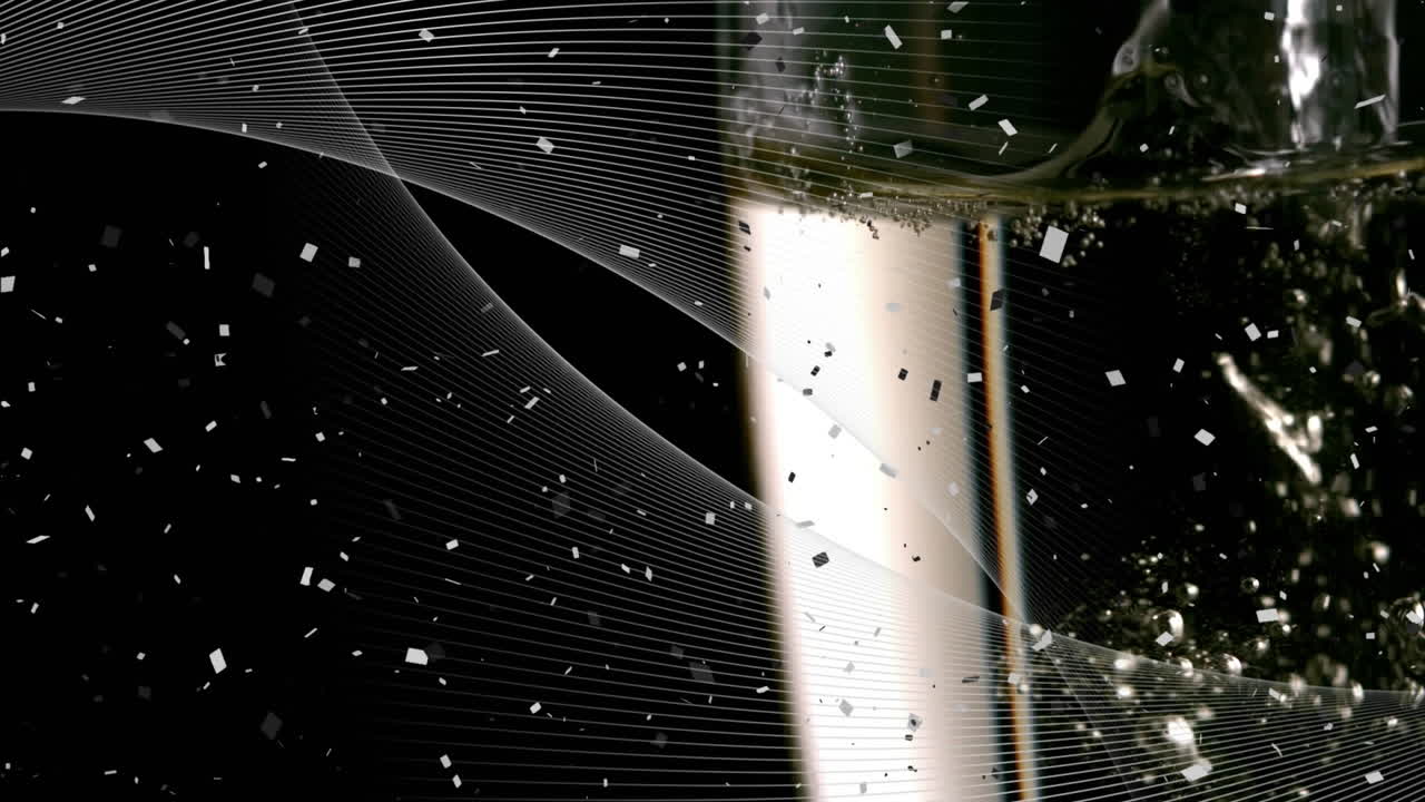 animación de champán vertiendo en vasos con confeti cayendo sobre un fondo negro