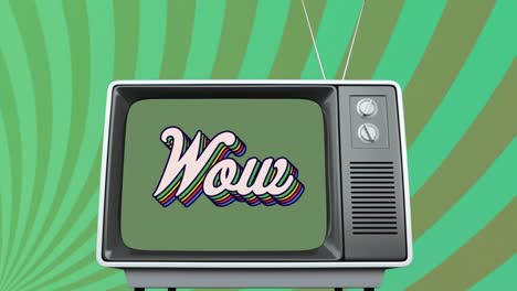 Animation-of-retro-wow-rainbow-text-over-vintage-tv-set-and-green-stripes-in-the-background