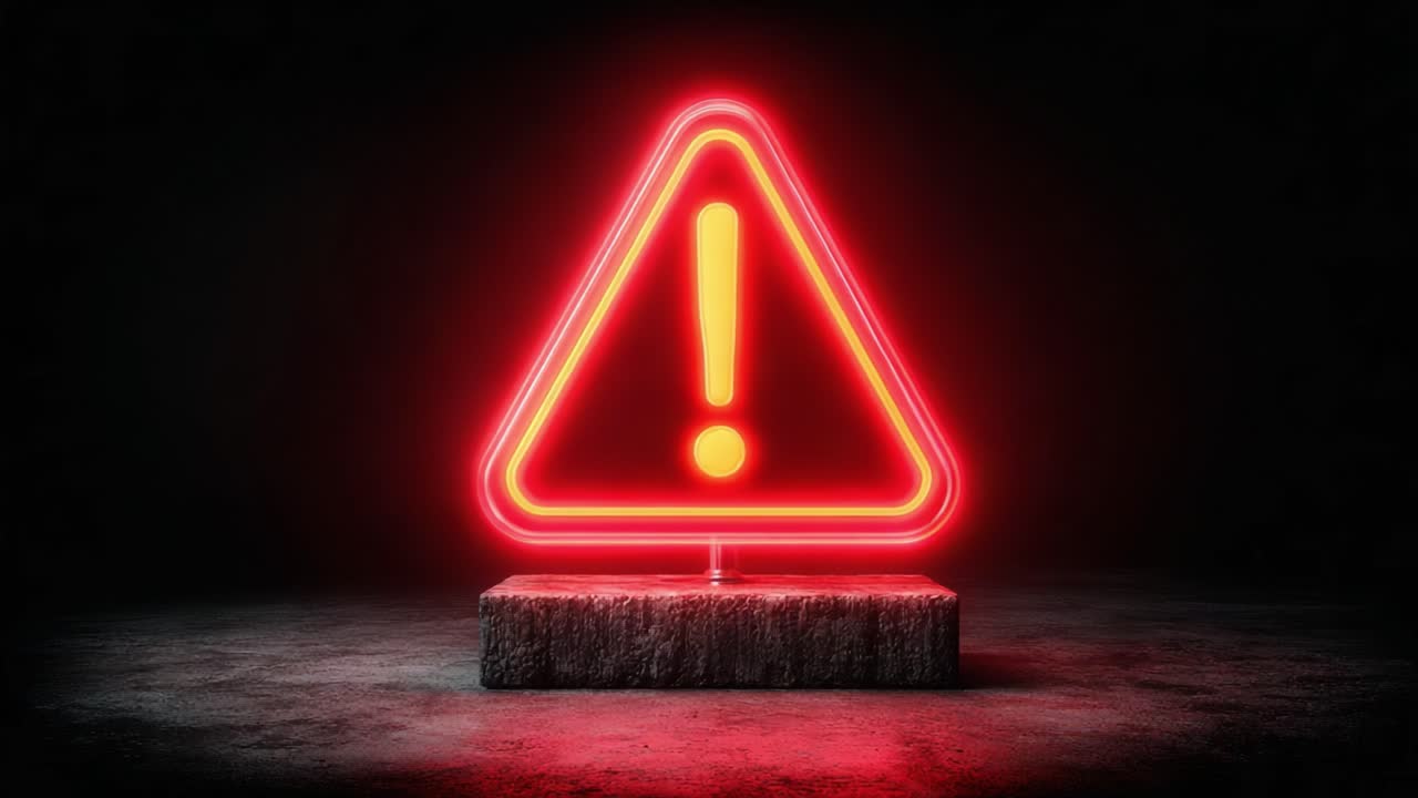 Bright Red Neon Warning Sign with Exclamation Mark Illuminates a Dark Background, Emphasizing Caution and Alertness in Various Situations and Environments