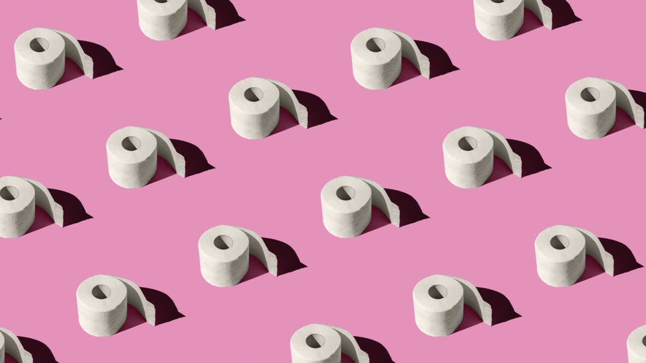 색 화장실 종이 롤이 분홍색 배경에서 격리 된 시엄리스 루핑 애니메이션 - 정오에 태양에서 단단한 그림자를 가진 패턴