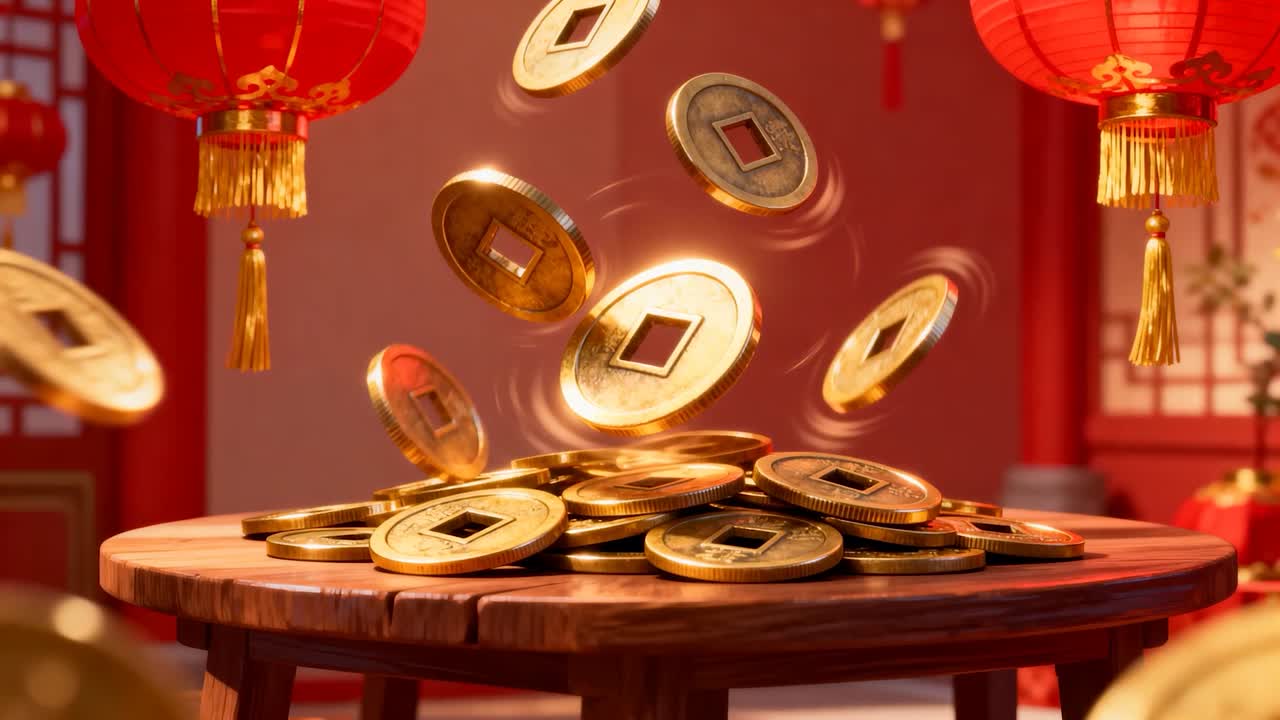 Moedas de ouro antigas quadradas com orifício caindo e se empilhando em uma mesa de madeira, lanternas vermelhas para o festival