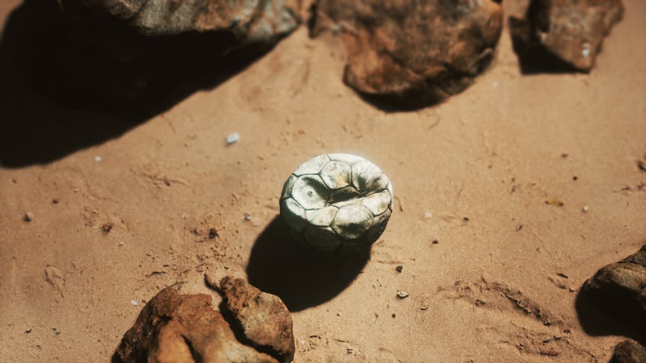 vieja pelota de fútbol en la playa de arena