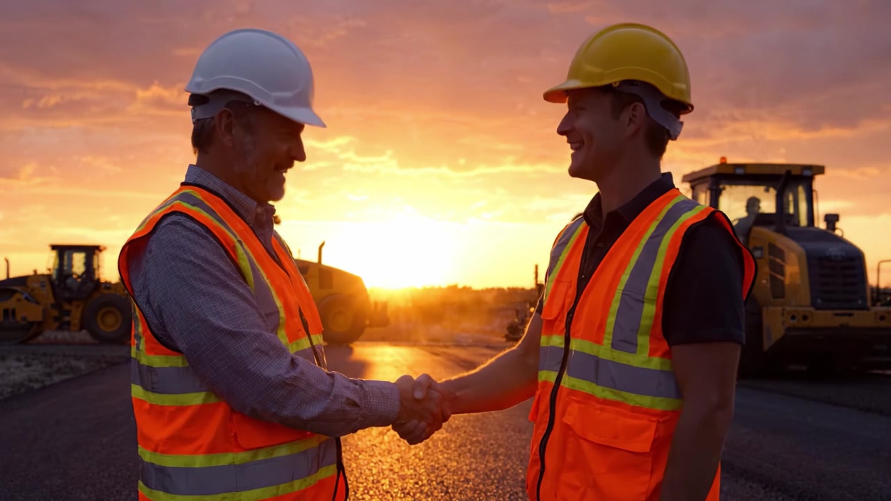 Two Construction Workers Engaging in Conversation Against a Beautiful Sunset Backdrop, Showcasing Teamwork and Professionalism in Road Construction