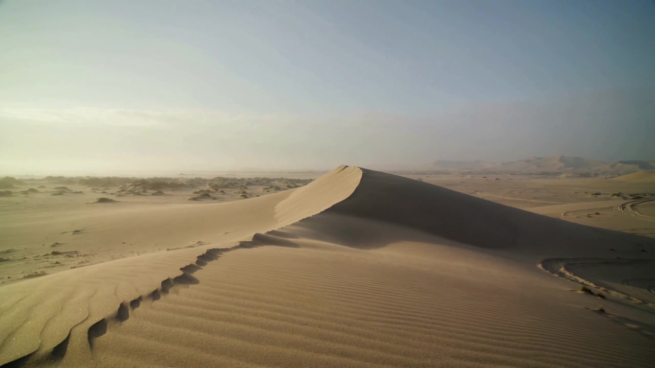 Telecamera che panoramica catturando una duna di sabbia a forma di mezzaluna nel deserto, rivelando increspature, la parete di scivolamento e tracce.