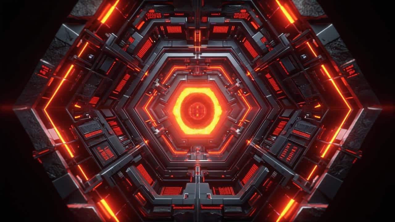 Muovendosi attraverso un futuristico tunnel cibernetico esagonale con luci rosse