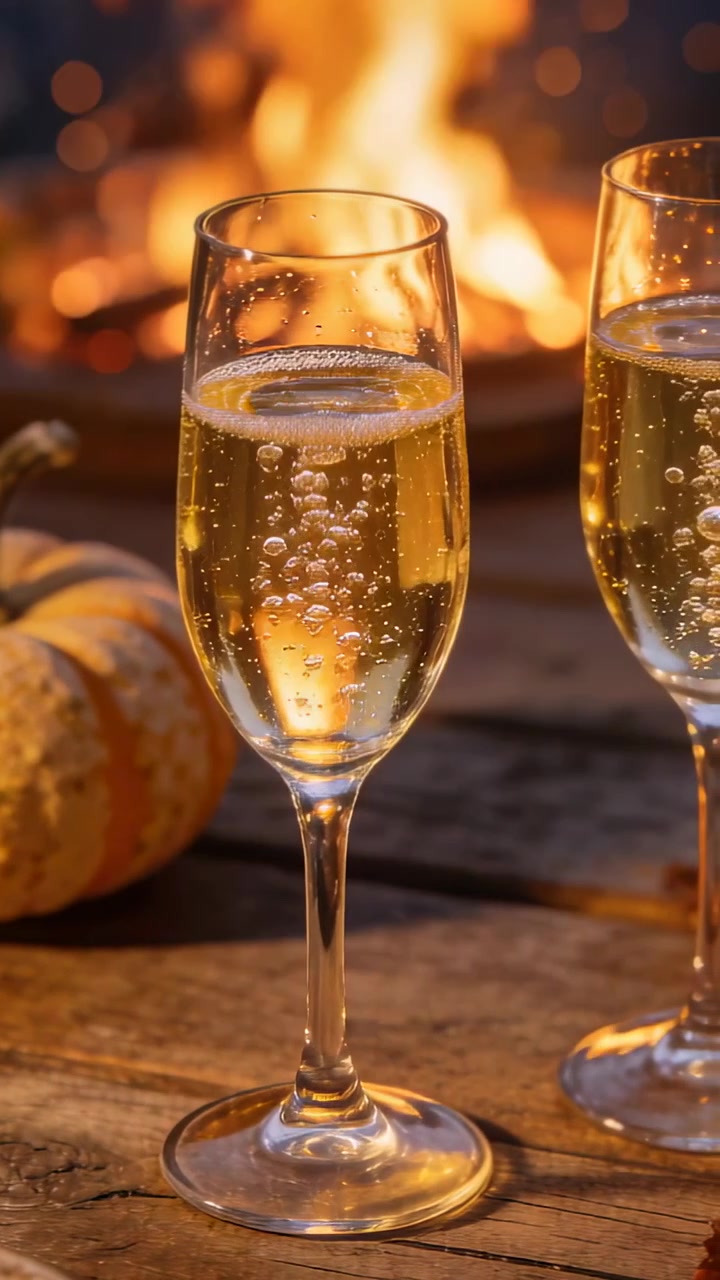Video verticale: Bolle che salgono da un flauto centrale gorgogliante su una zucca posta su un tavolo di legno, con fuoco tremolante che riscalda.