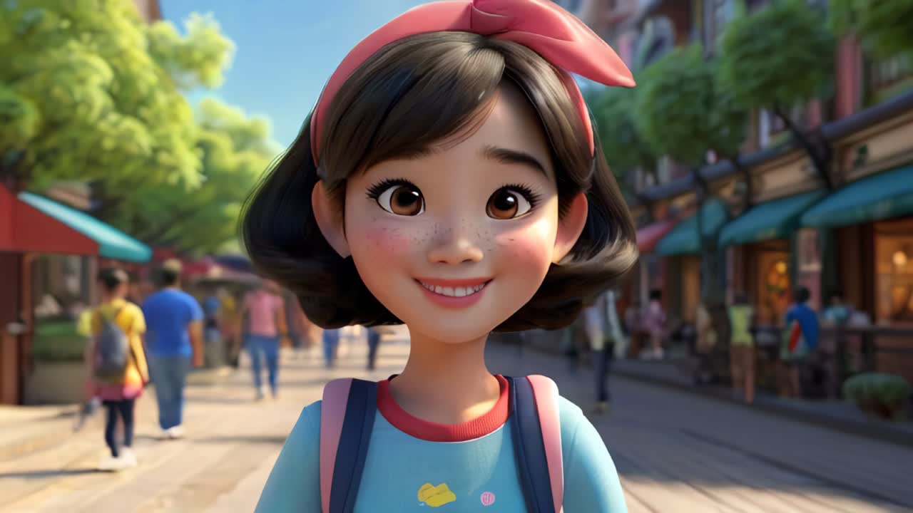 Animated Girl with Pink Bow on a Street